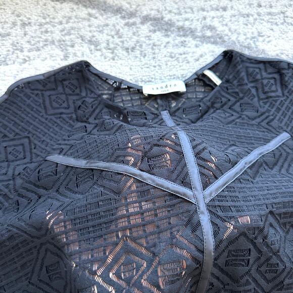 Sandro Paris Black Lace Blouse Top w Piping Detail Size M - Picture 7 of 9
